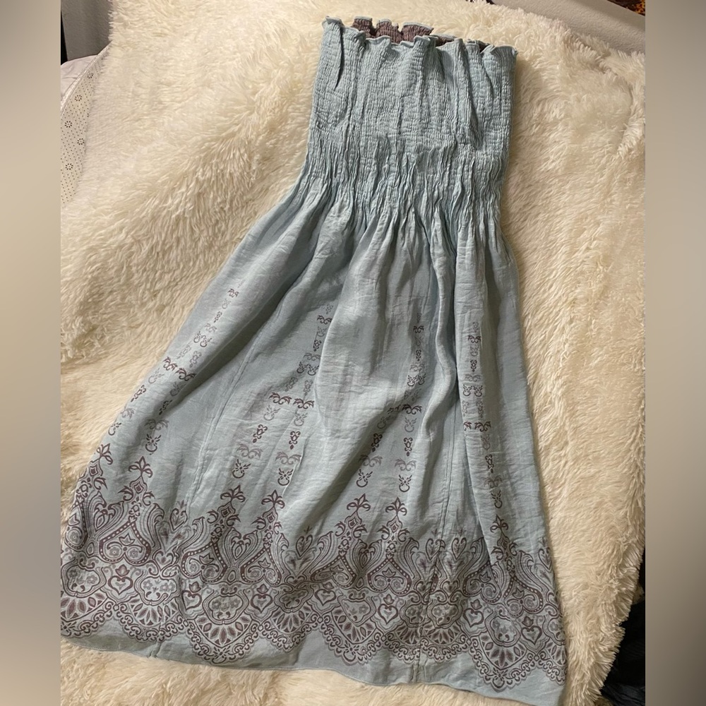 Beautiful Two Star Dog, light blue strapless dress